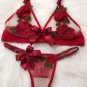 Red Flowers Bow Triangle Bra and Thong Set