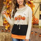Orange Cowl Neck Pumpkin Print Color Block Halloween Sweatshirt