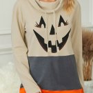 Gray Cowl Neck Pumpkin Print Color Block Halloween Sweatshirt