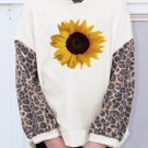 Beige Sunflower Print Leopard Color Block Long Sleeve Girl's Hoodie