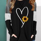 Black Girl's Sunflower Heart Print Striped Long Sleeve Top