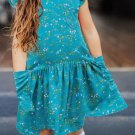 Green Floral Print Pocketed Ruffled Short Sleeve Girl's Mini Dress