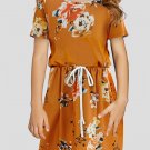 Orange Floral Print Drawstring Short Sleeve Girl's Mini Dress