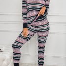Pink Pattern Print Long Sleeve Top and Skinny Pants Home Suit