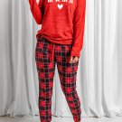 Red MAMA Heart Print Top and Plaid Pants Lounge Wear