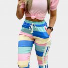 Pink Puff Sleeve Ribbed Top and Colorblock Jogger Pants Set
