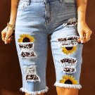 Sunflower Leopard Patchwork Skinny Distressed Denim Shorts