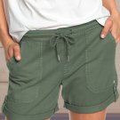 Green Elastic Waistband Pocket Drawstring Shorts with Button