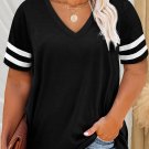 Black Plus Size Stripes Stitching Sleeve V Neck T Shirt