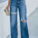 Sky Blue High Rise Ripped Straight Legs Loose Jeans