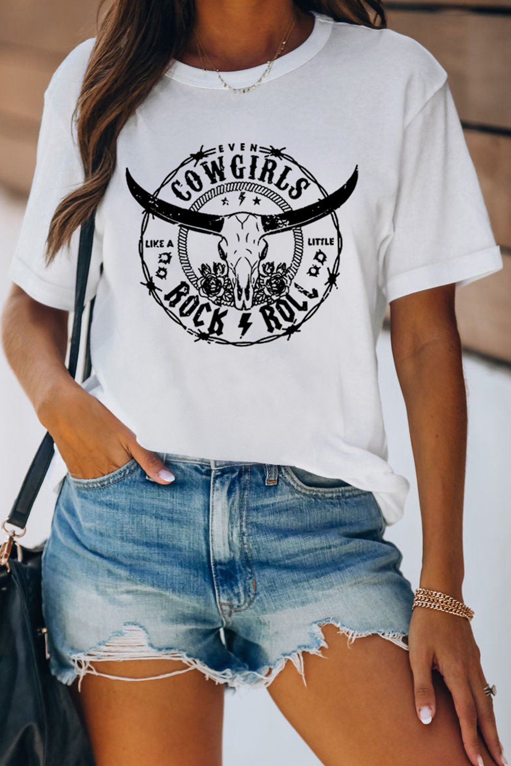 White COWGIRLS ROCK and ROLL Steer Head Graphic Loose Tee