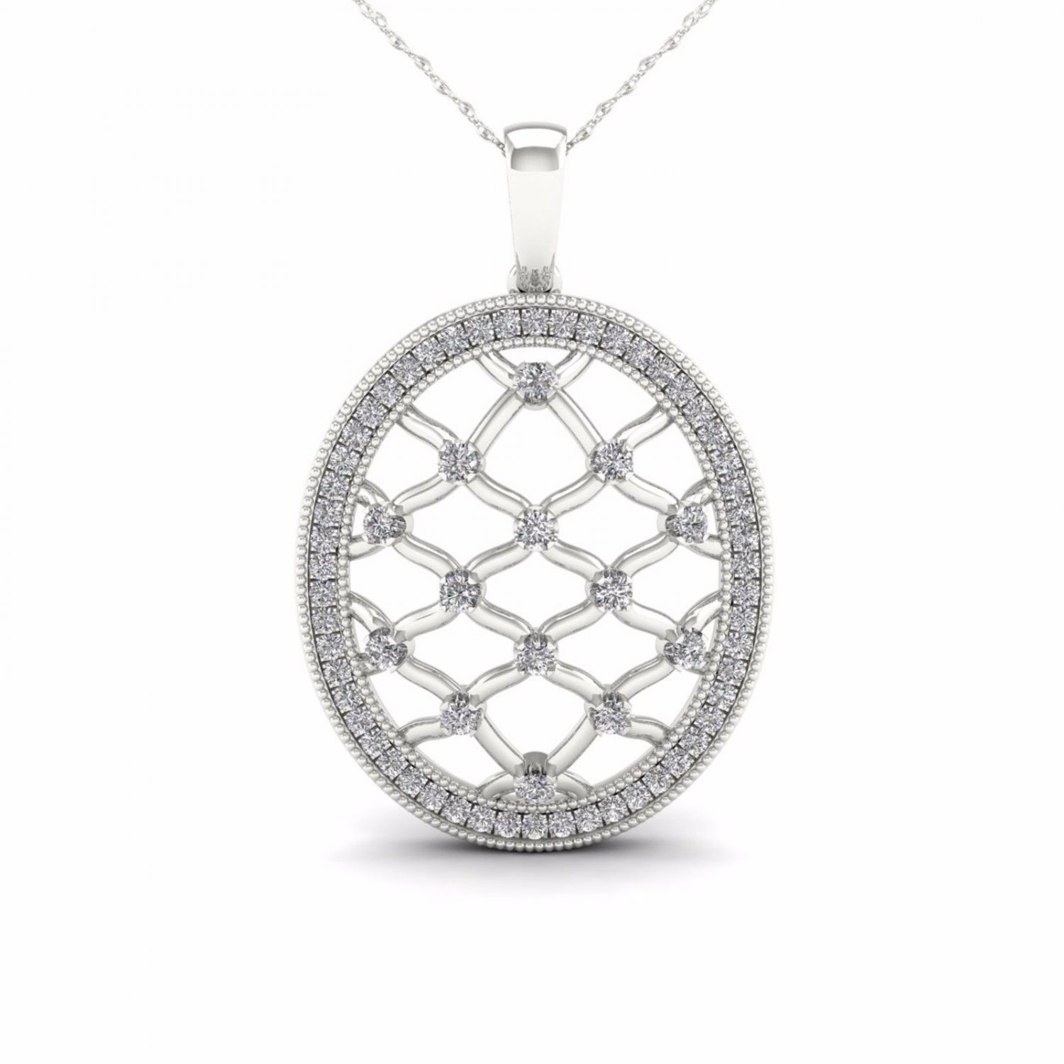 10K White Gold 0.25ct TDW Diamond Oval Shape Filigree Fashion Pendant Necklace