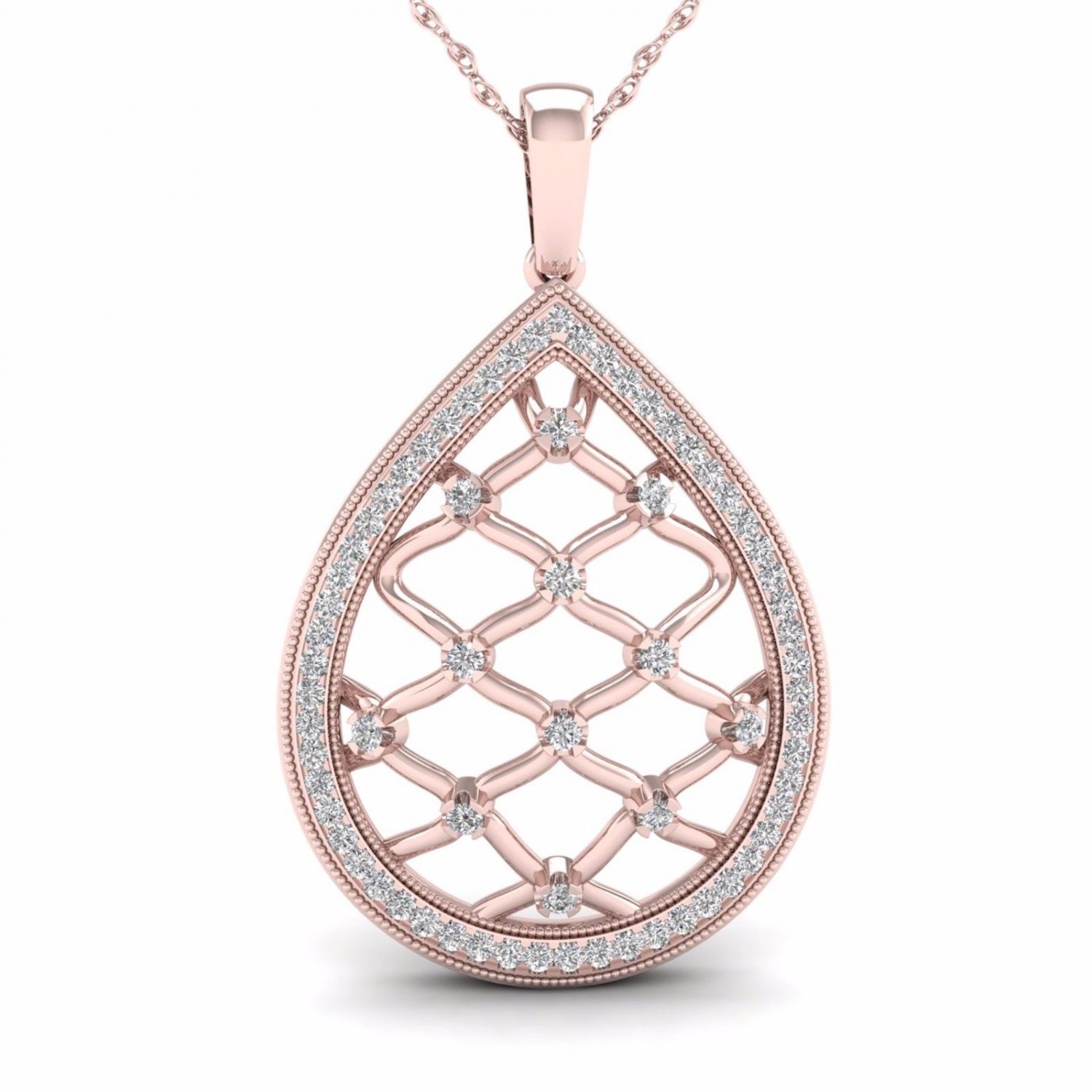 10K Rose Gold 0.25ct TDW Diamond Drop Shape Filigree Fashion Pendant Necklace