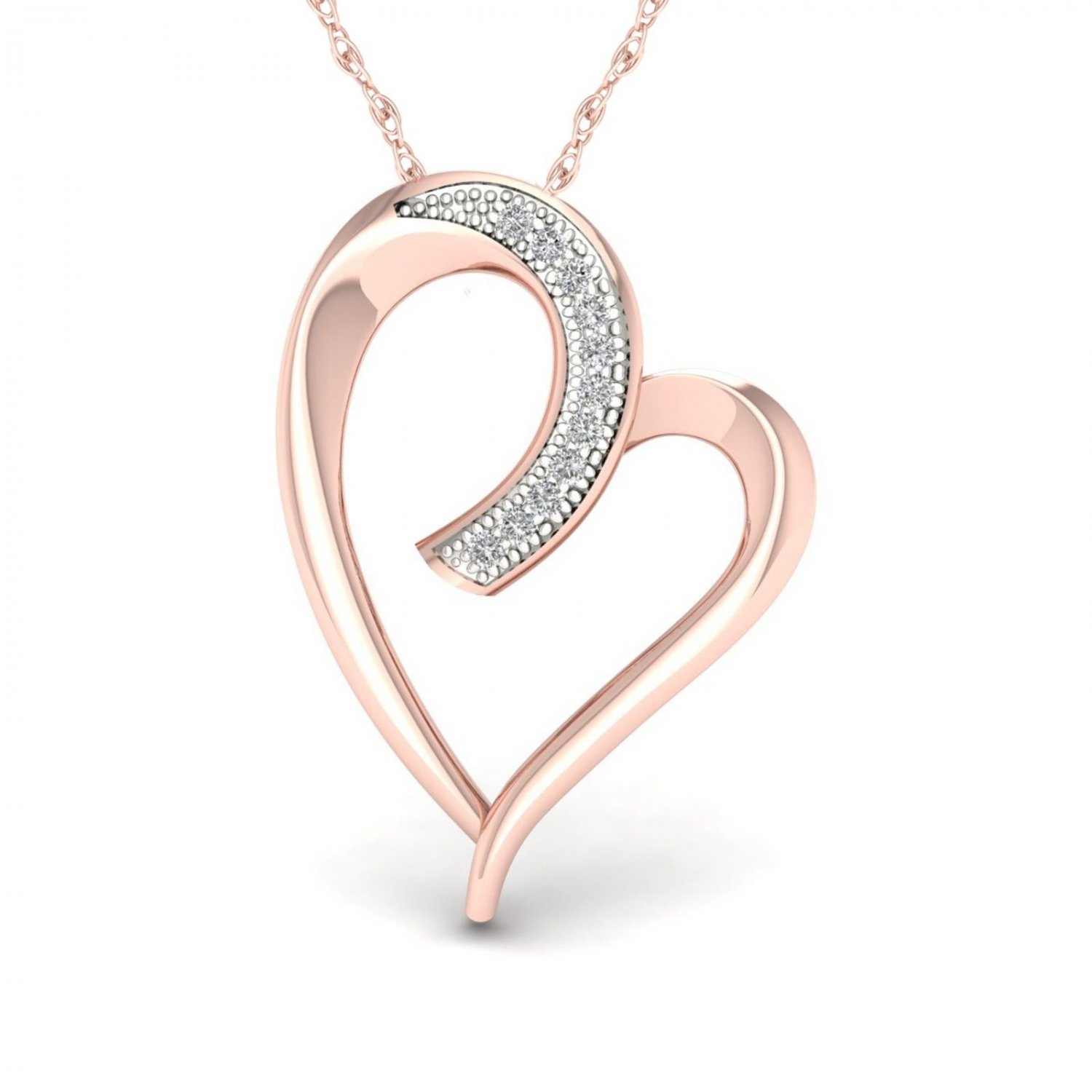 Real 10K Rose Gold 0.04ct Round Cut TDW Diamond Heart shape Pendant (H-I I2)