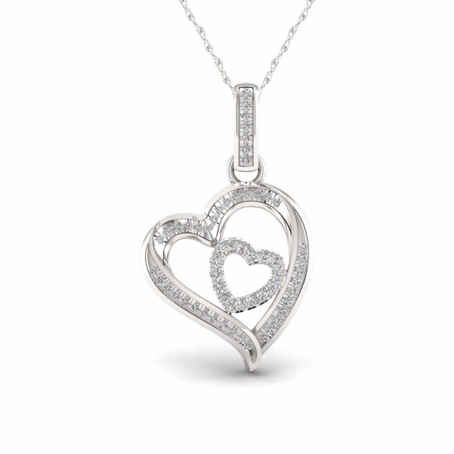925 Sterling Silver 0.15ct TDW Natural Diamond Heart in Heart Necklace (H-I,I2)