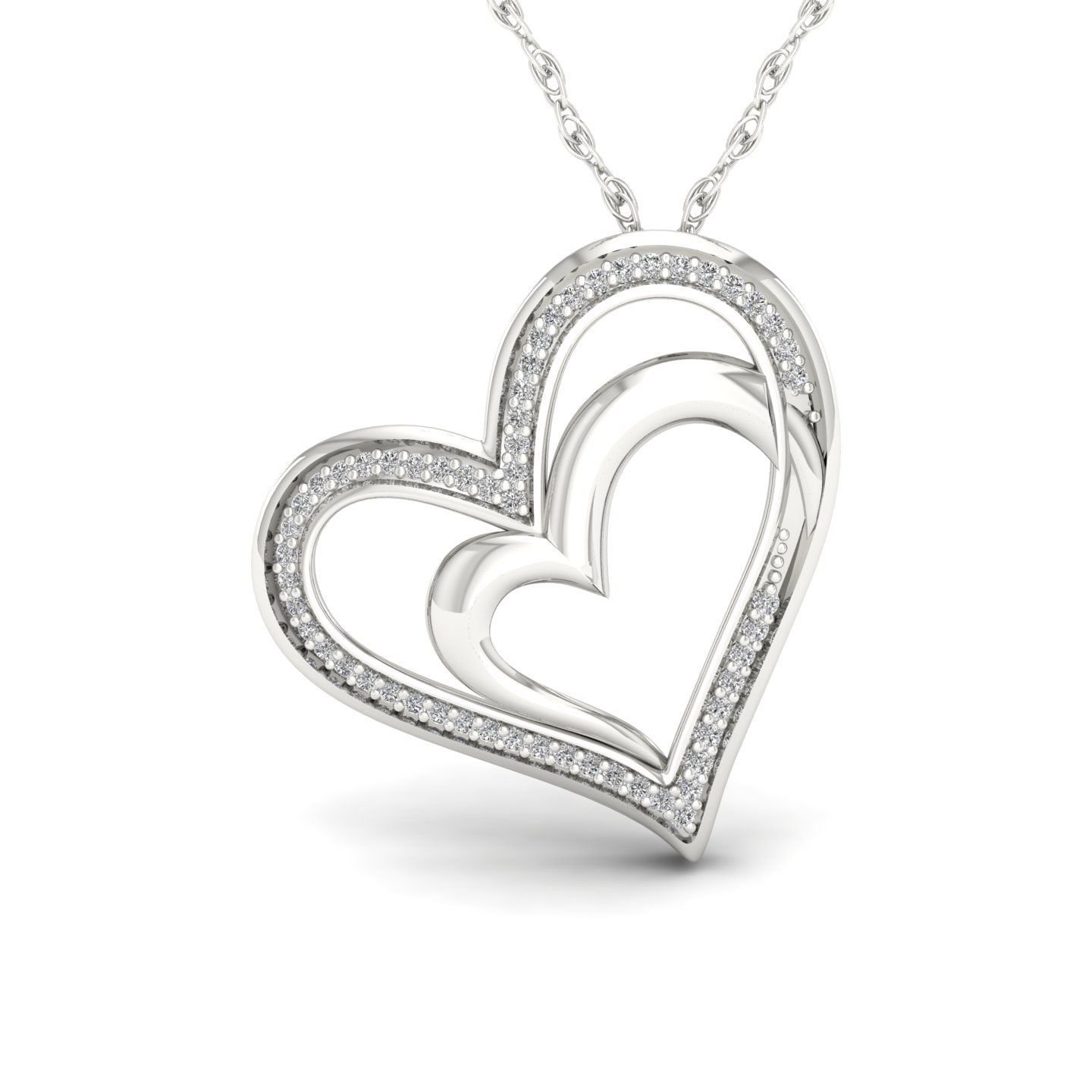 S925 Sterling Silver 0.15ct TDW Diamond Heart in Heart Necklace (H-I, I2)