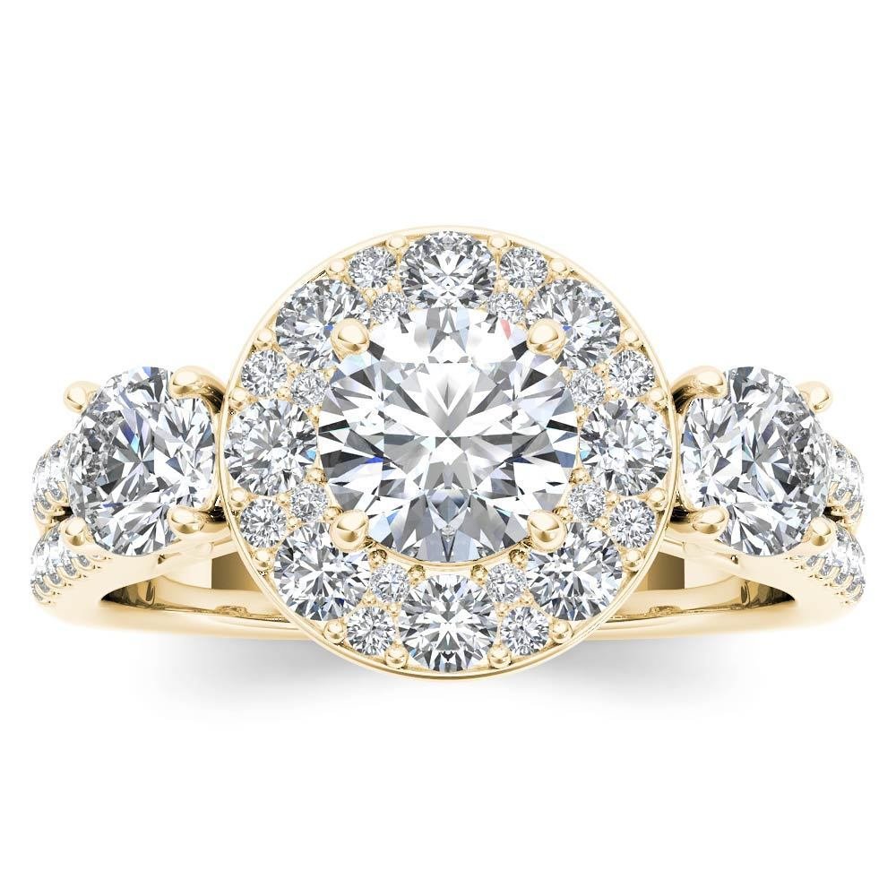 Real 14k Yellow Gold 2.00 ct TDW Natural Round Cut Diamond Halo Ring H-I,I2