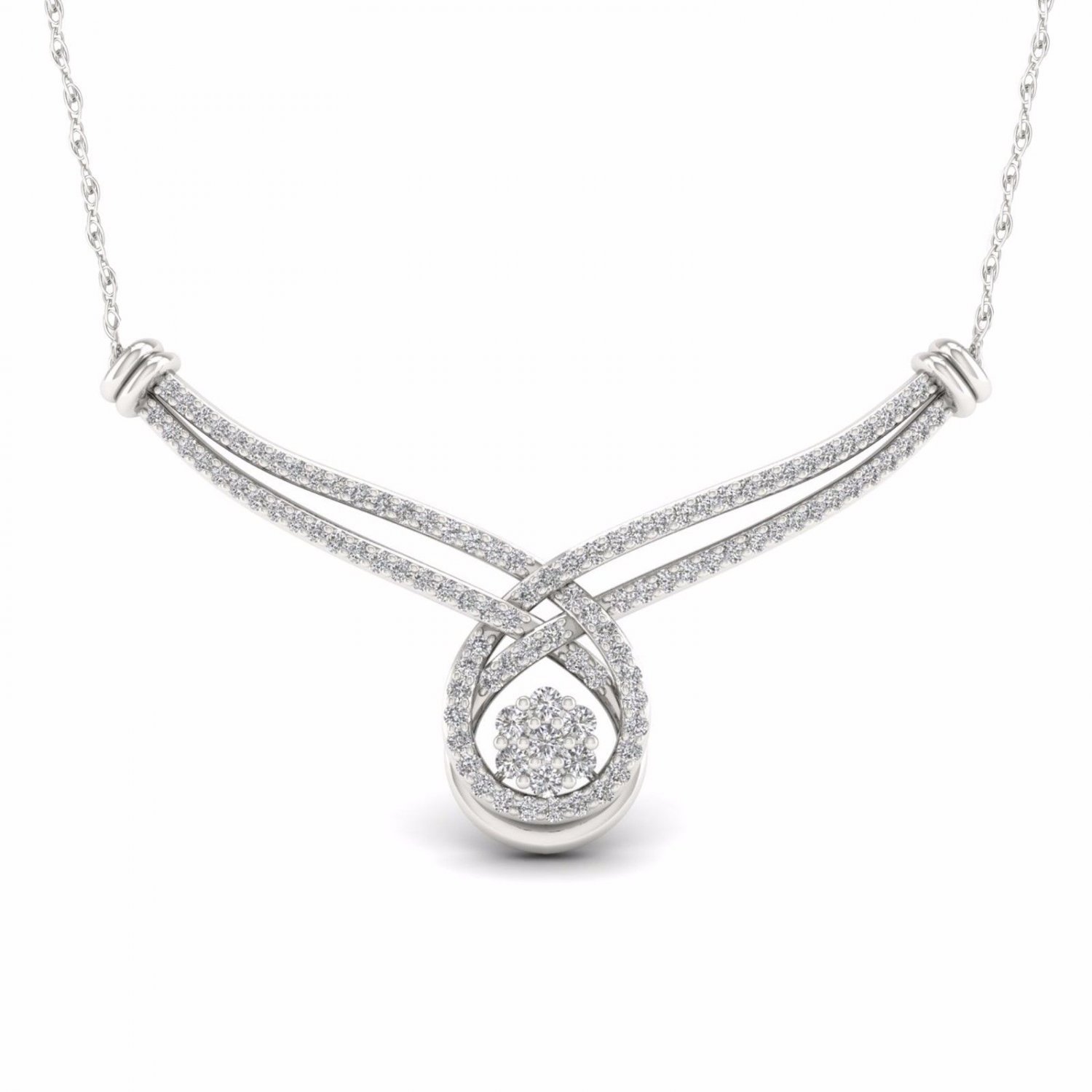 S925 Sterling Silver 1Ct TDW Diamond Cluster Crossover Fashion Necklace