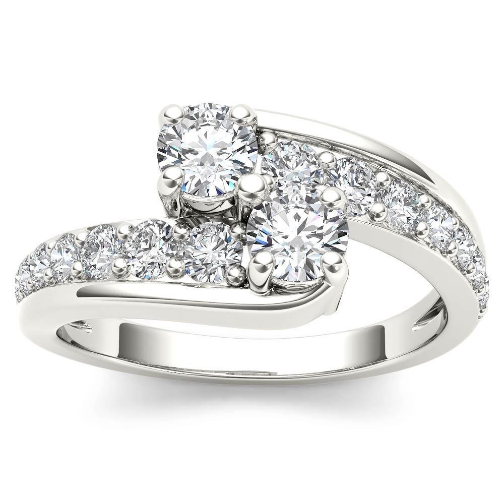 Genuine 14K White Gold 1.00 Ct Round Cut Diamond Two Stone Engagement Ring