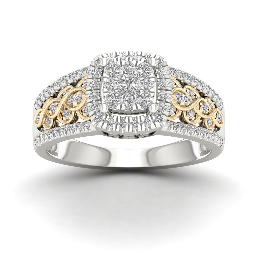 10k Yellow Two Tone White Gold 0.50ct Round Diamond Cluster Engagement Ring H-I