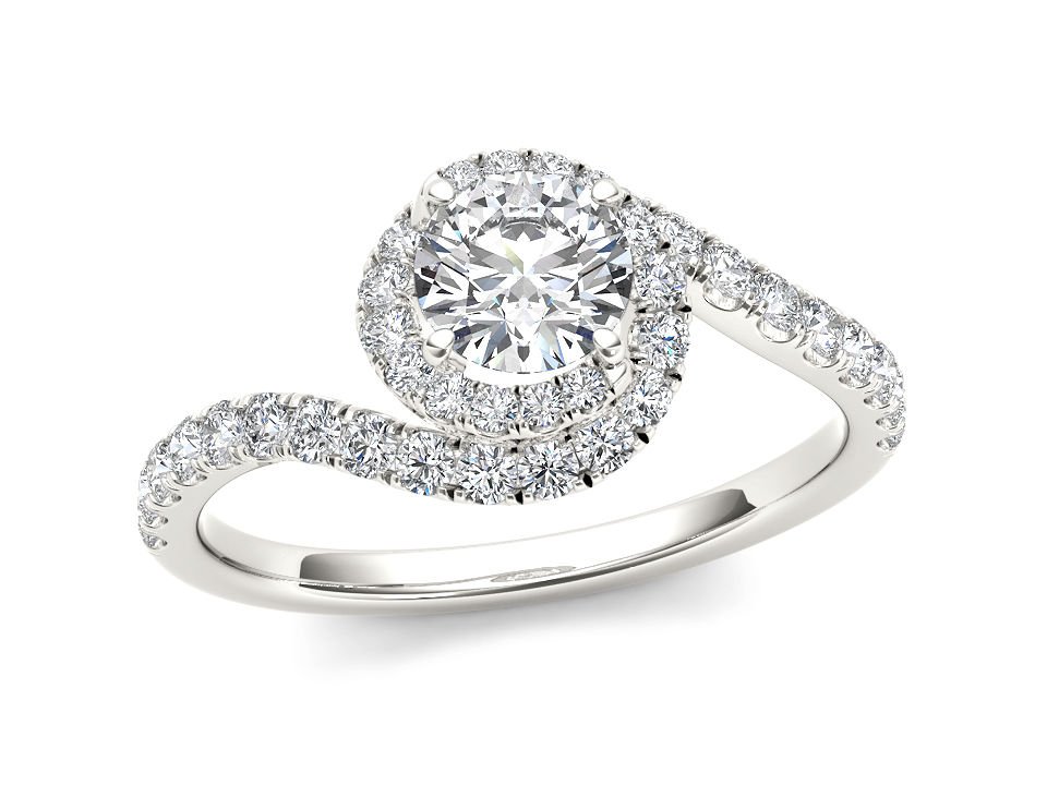 14k White Gold 0.75 Ct Round Cut Diamond Classic Bypass Halo Engagement Ring
