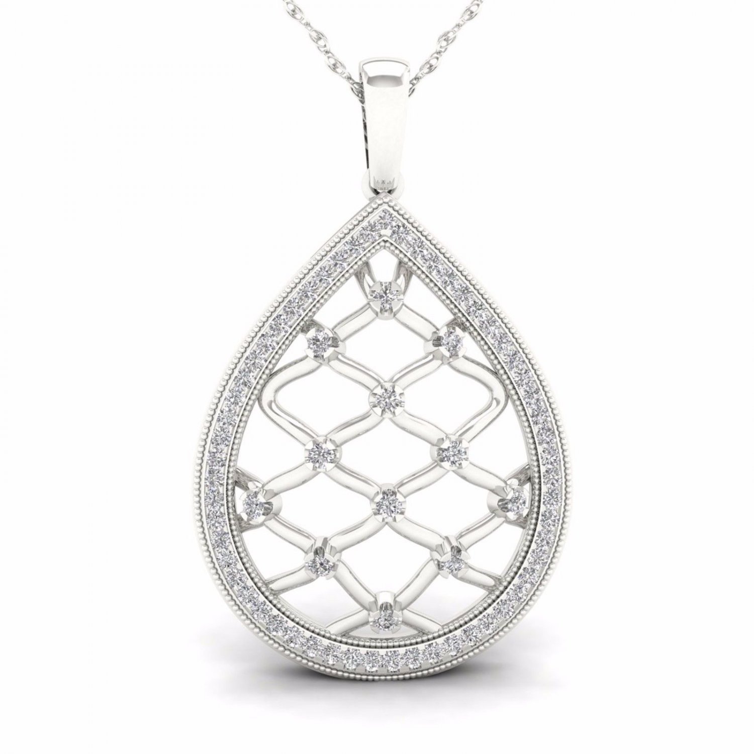 10K White Gold 0.25ct TDW Diamond Drop Shape Filigree Fashion Pendant Necklace
