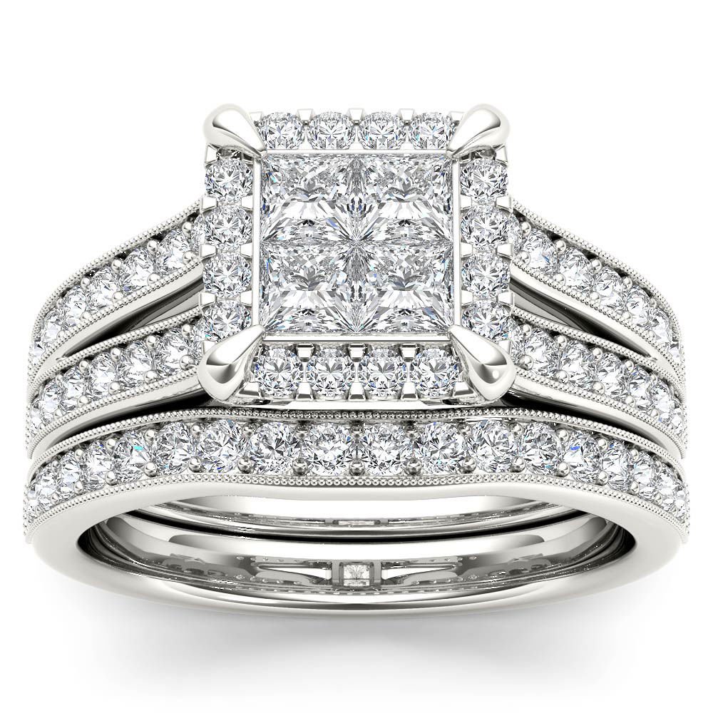 Solid 14k White Gold 1.53 Ct Princess Cut Diamond Cluster Halo Engagement Ring