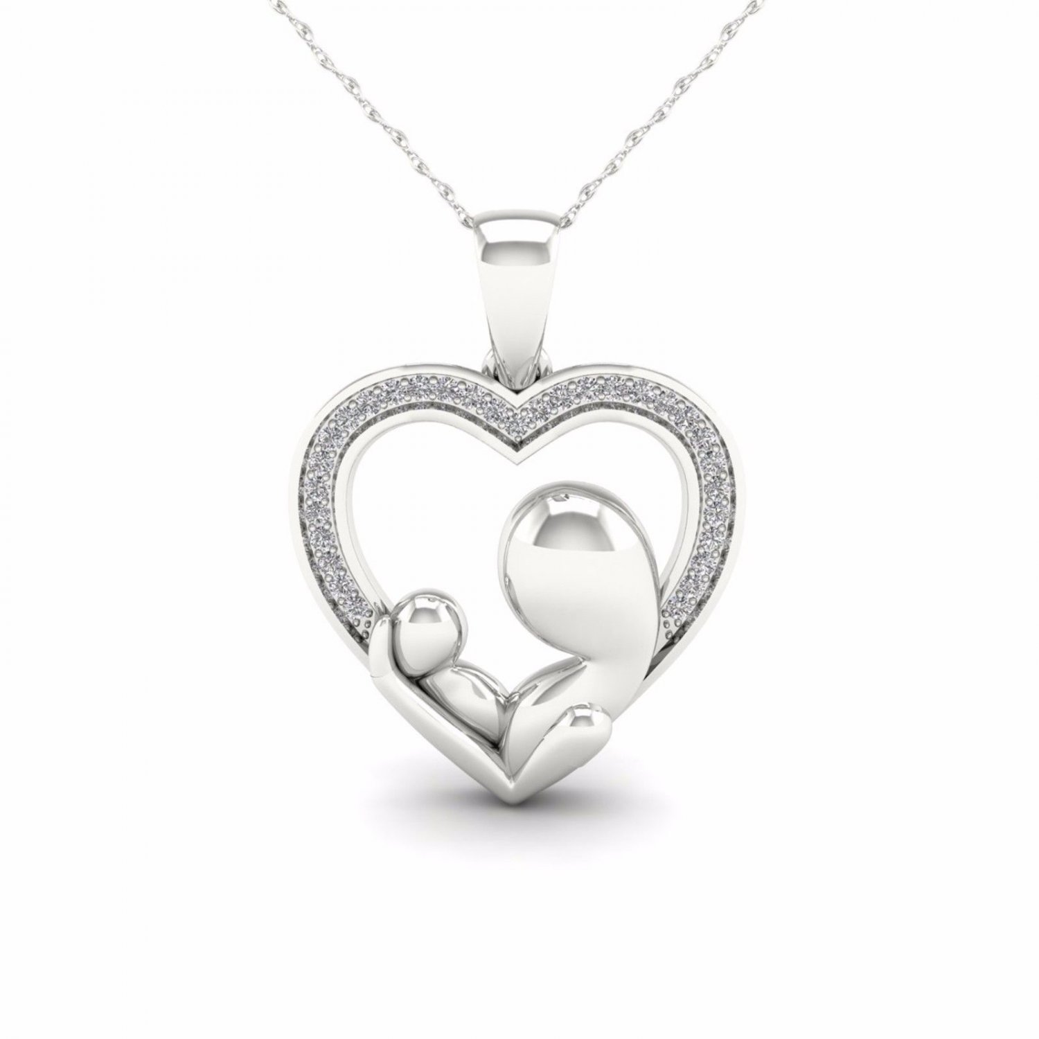 10K White Gold 0.08ct TDW DiamondMother and Child Heart Pendant Necklace H-I  I2