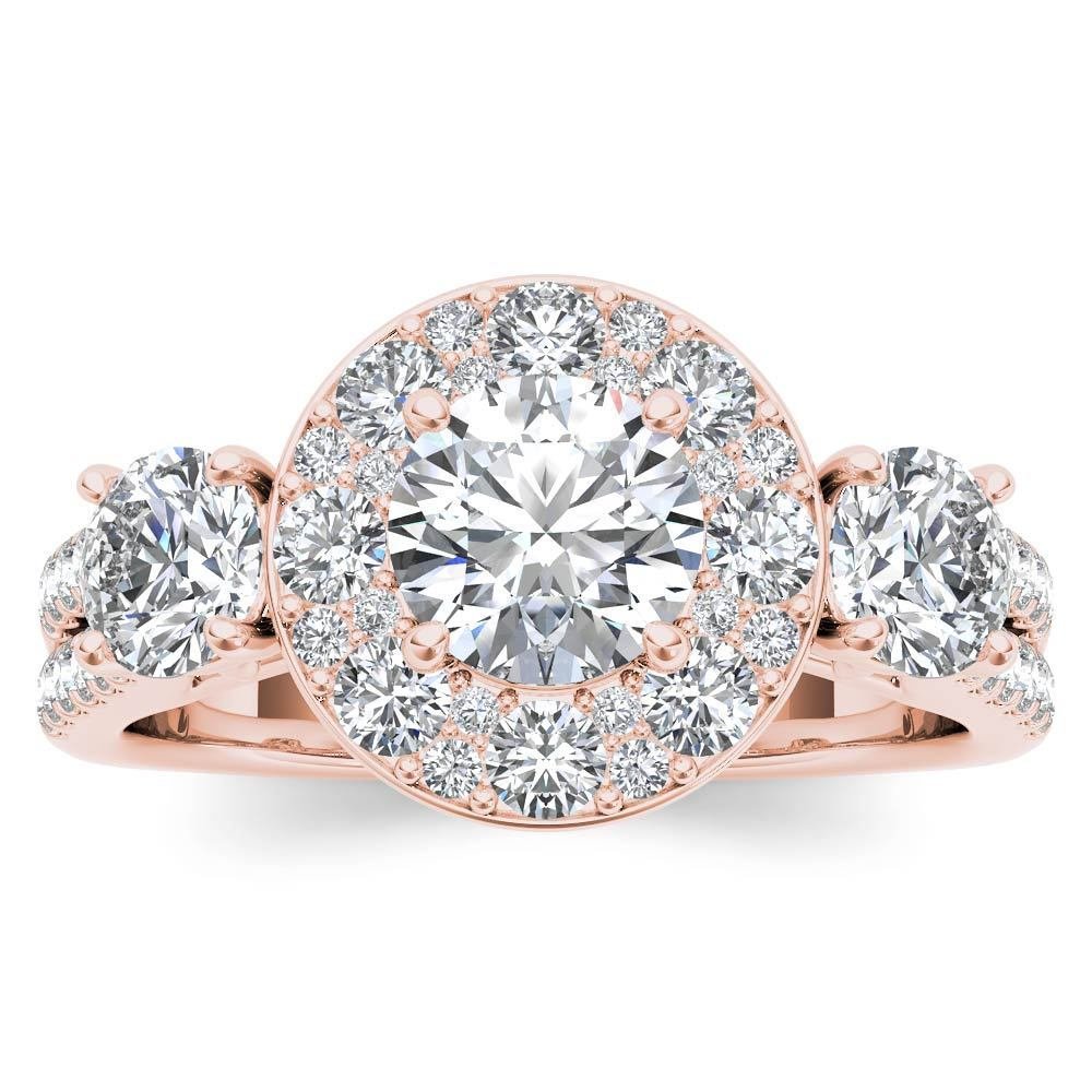 Real 14k Rose Gold 2.00 ct TDW Natural Round Cut Diamond Halo Ring H-I,I2