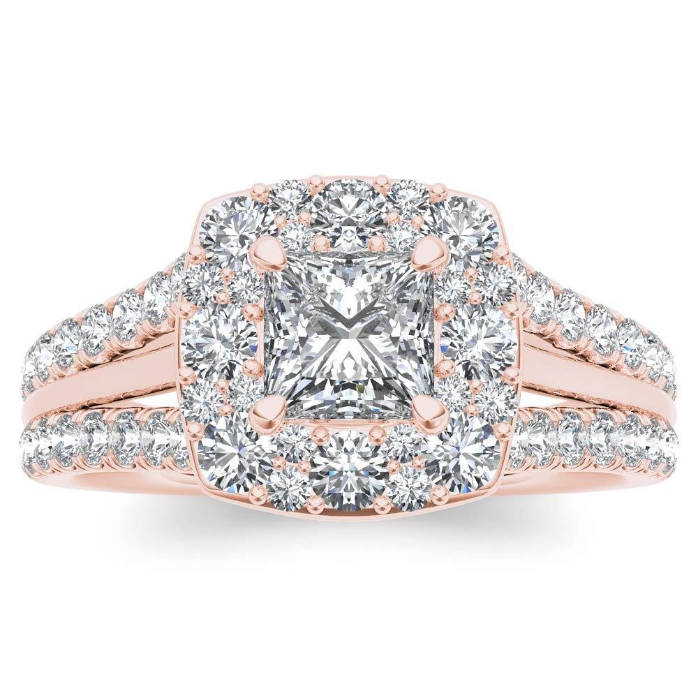 Solid 14k Rose Gold 1ct TDW Princess Cut Diamond Halo Engagement Ring H-I I2