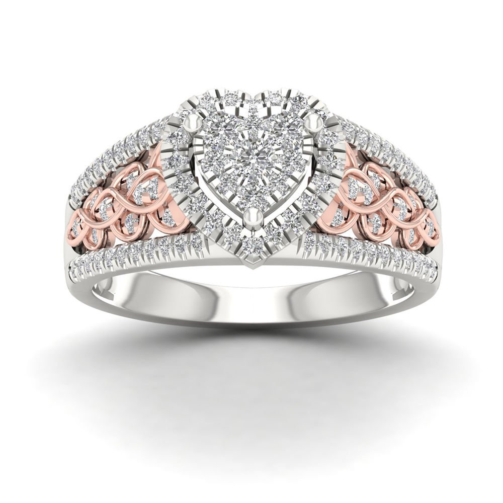 10k Pink Two Tone White Gold 0.50ct Diamond Heart Shape Cluster Engagement Ring