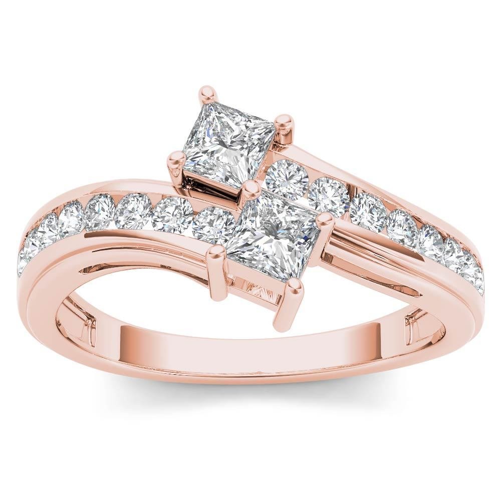 14K Rose Gold 0.75 Ct Brillant Princess Cut Diamond Two Stone Engagement Ring