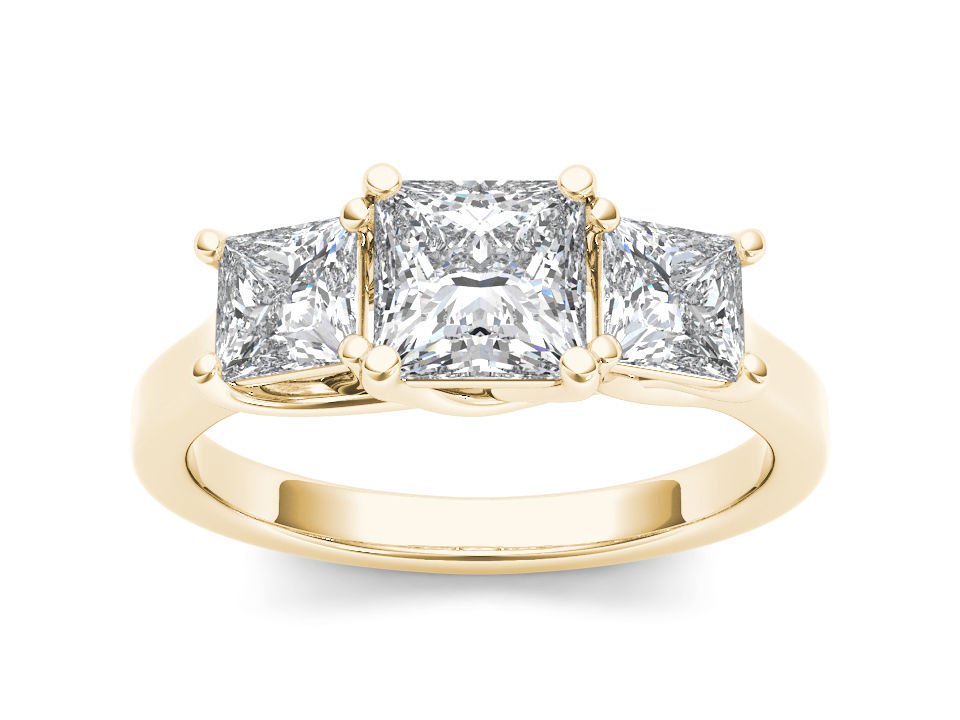 Genuine 14K Yellow Gold 2.00 Ct Princess Cut Diamond Three Stone Engagement Ring