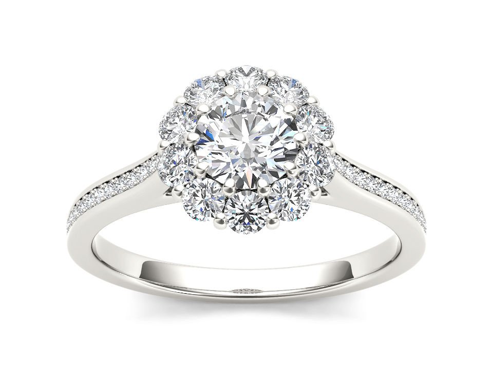 Real 14k White Gold 1.25 Ct Round Cut Diamond Flower Shaped Halo Engagement Ring