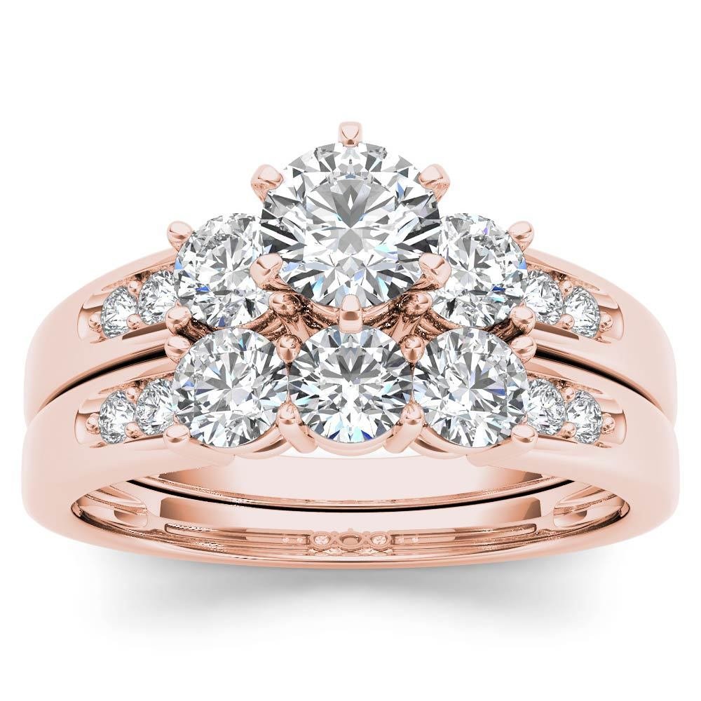 14k Rose Gold 1.42 Ct Natural Round Cut Diamond Halo Engagement Ring Set HI I2