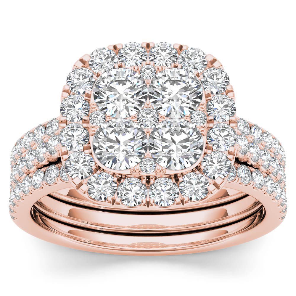 14k Rose Gold 2.00 Ct Round Cut Diamond Halo Two Bands Engagement Ring Set HI