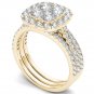 14k Yellow Gold 2.00 Ct Round Cut Diamond Halo Two Bands Engagement Ring Set HI