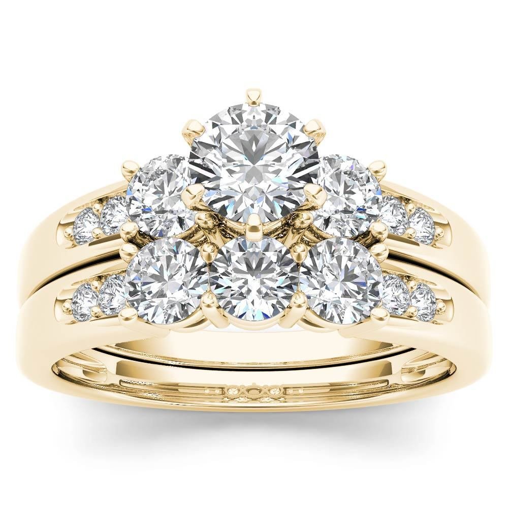 14k Yellow Gold 1.42 Ct Natural Round Cut Diamond Halo Engagement Ring Set HI I2