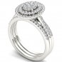 Solid 14K White Gold 0.62 Ct Round Cut Diamond Cluster Engagement Ring Set