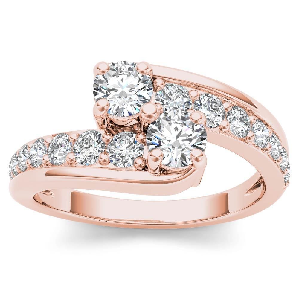 Genuine 14K Rose Gold 1.00 Ct Round Cut Diamond Two Stone Engagement Ring