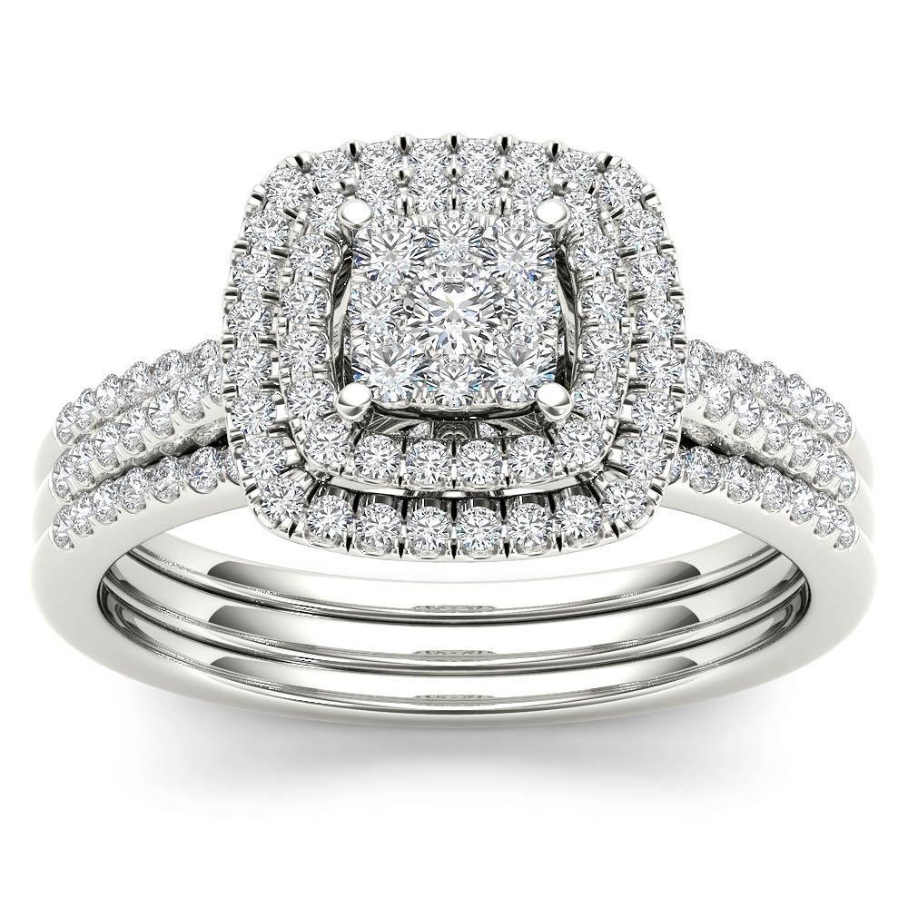 0.50 Ct 14K White Gold Natural Round Cut Diamond Cluster Engagement Ring Set