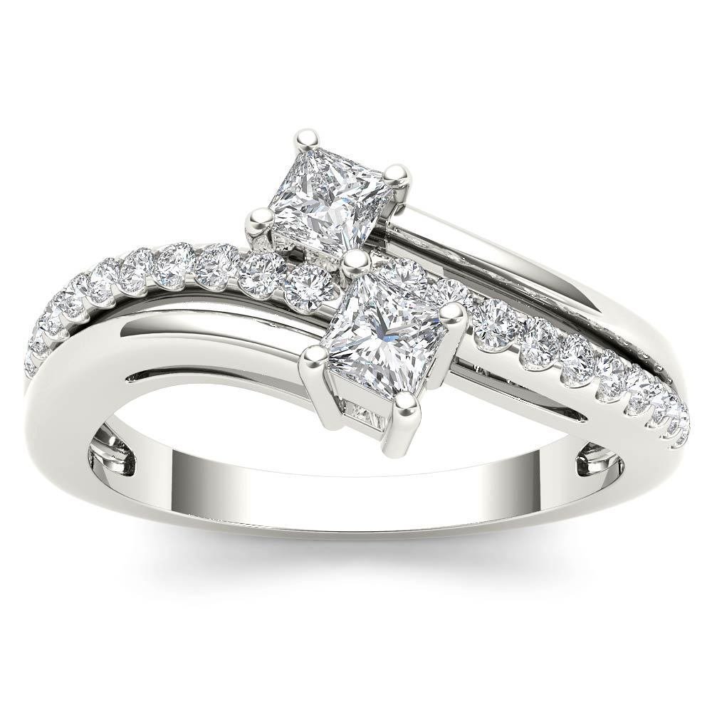 Genuine 14K White Gold 0.60 Ct Princess Cut Diamond Two Stone Engagement Ring