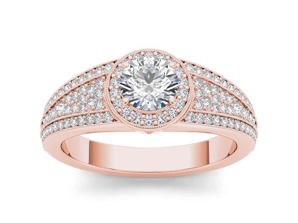 Real 14K Rose Gold 1.00 Ct Natural Round Cut Diamond Halo Engagement Ring HI I2