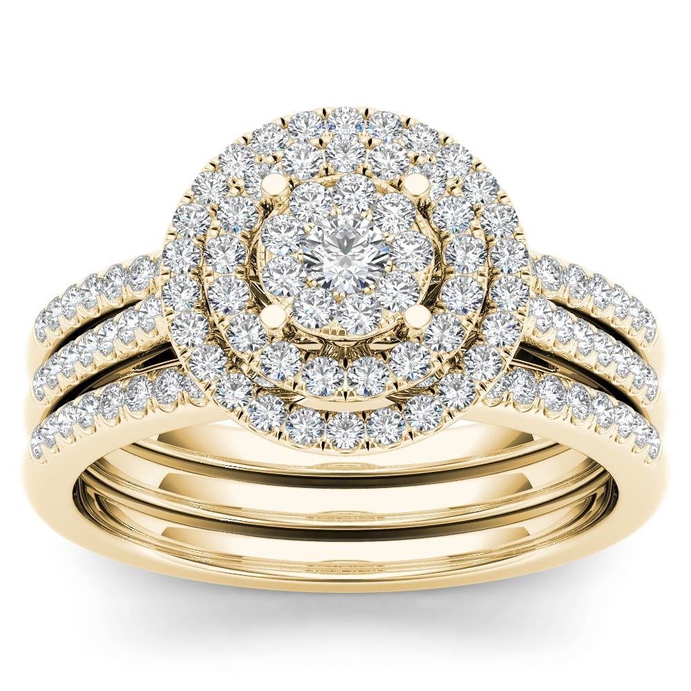 14K Yellow Gold 0.50 Ct Natural Round Cut Diamond Halo Engagament Ring Set