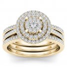 14K Yellow Gold 0.50 Ct Natural Round Cut Diamond Halo Engagament Ring Set