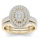 Solid 14K Yellow Gold 0.62 Ct Round Cut Diamond Cluster Engagement Ring Set