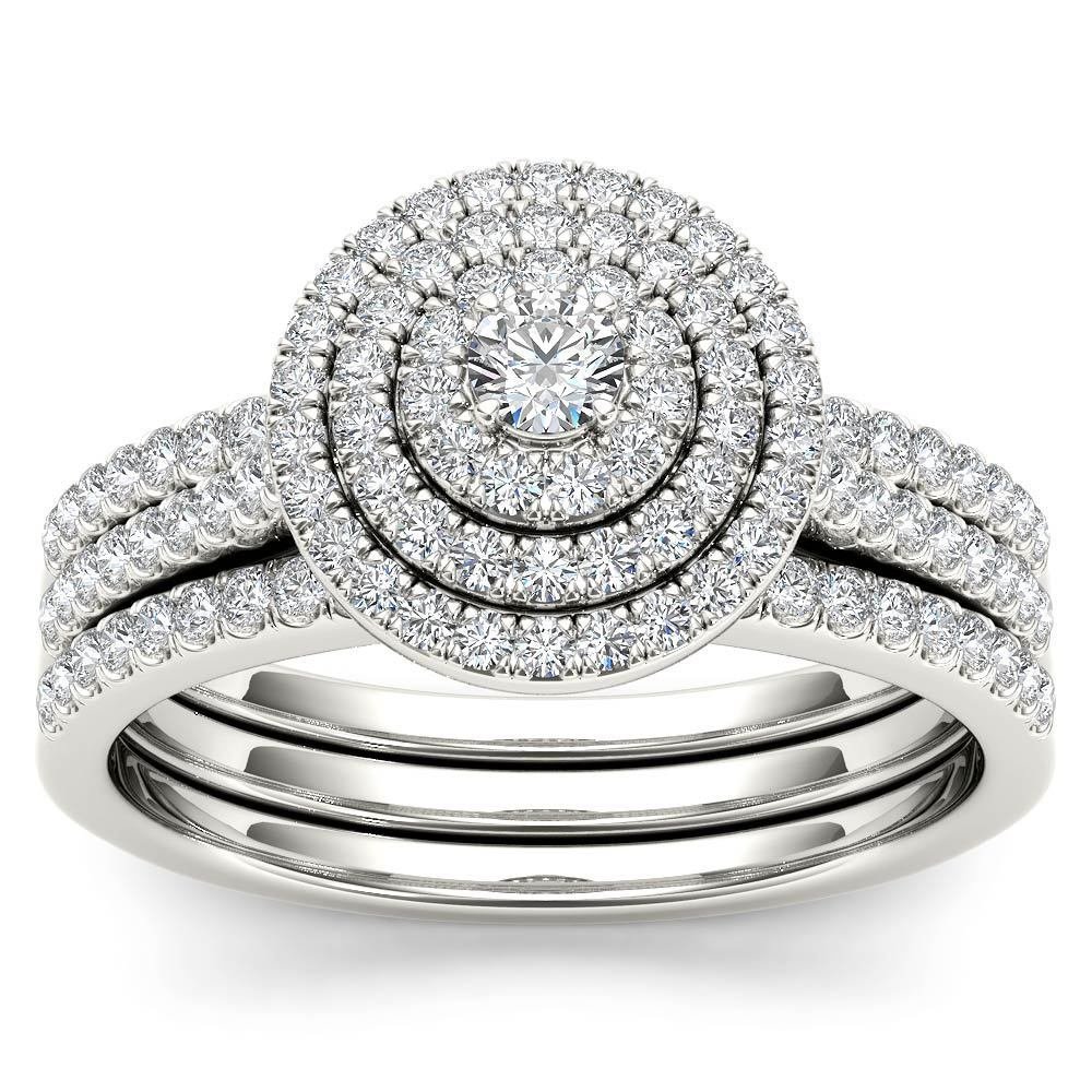 Solid 14K White Gold 0.62 Ct Round Cut Diamond Halo Engagement Ring Set