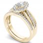 Solid 14k Yellow Gold 0.62Ct Diamond Cluster Halo Engagement Ring Set