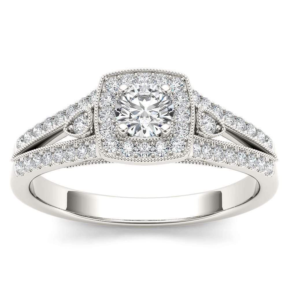 14k White Gold 0.51Ct Natural Diamond Round Stone Halo Engagement Ring Set HI,I2