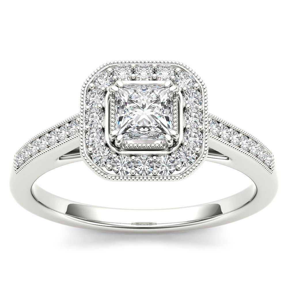 14k White Gold 0.50 Ct Princess Cut Diamond Halo Engagement Ring HI I2 Size 7